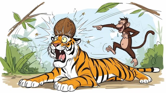 A funny cartoon illustration of a shocked tiger hit by a coconut while a mischievous monkey laughs and points in the dense tropical jungle.