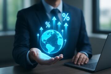 Global financial performance concept with digital earth rising indicators and economic growth analysis