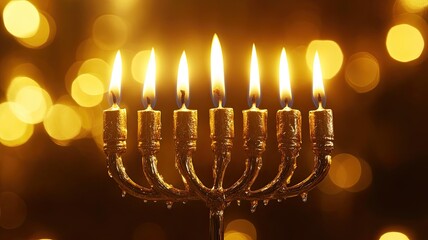 A menorah with lit candles sits on a decorated shelf. Soft, warm lights create a cozy atmosphere in the background, enhancing the festive mood.
