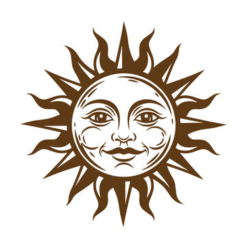 Vintage Brown sun illustration with human face and rays on white background  symbol for warmth and happiness