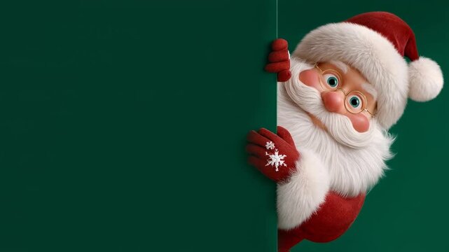Cute cartoon Santa with pom pom hat peeks from edge of dark green panel creating playful christmas scene with generous copy space for festive messages and branding