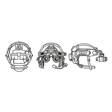 clean multi angle line art vector illustration of a tactical helmet with night vision goggles and integrated gear