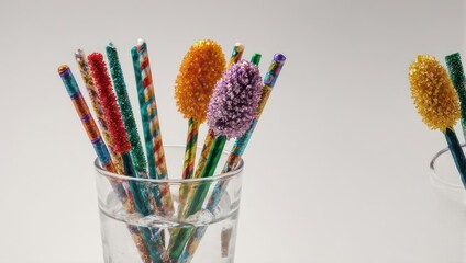 Colorful Pipe Cleaner Flowers in Glass Vases on White Background.