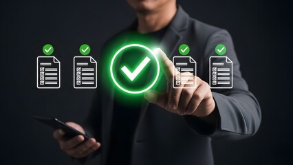 Businessman interacting with digital checklist interface