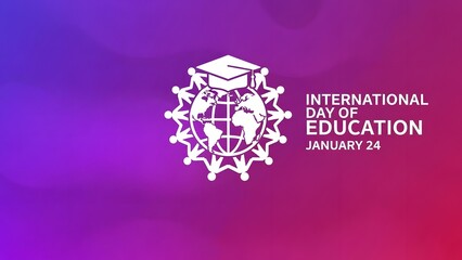 Graduation cap on a globe surrounded by people icons for International Day of Education celebration.