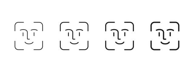 Face identification icon. Simple biometric ID scan symbol for secure user verification vector. Clean recognition for device access sign. Minimal passwordless authentication concept pictogram.