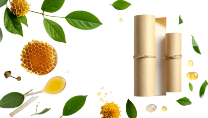 Organic honey and leaves frame scrolls and a black space