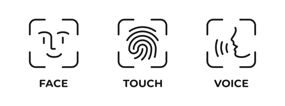 Biometric icon set. Face, fingerprint and voice recognition symbols for secure authentication vector. Modern identity scan for safe access sign. Digital protection concept pictogram.