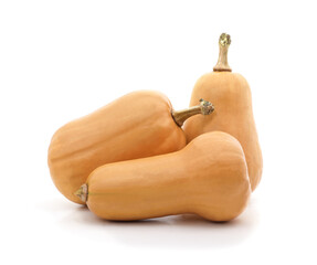 Three fresh butternut squash pumpkins on a white background.