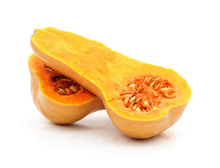 Sliced butternut squash pumpkin with seeds on a white background.