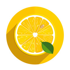Stylized illustration of a lemon slice with a leaf on a yellow circle, shadow effect
