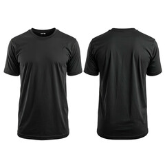 Black crew neck tee shirt with front and back views against a black background