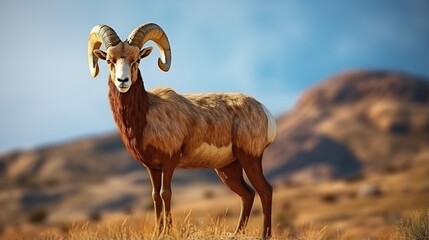 Fototapeta premium Majestic Ram Standing Alone in a Sunlit Arid Desert Landscape Beneath a Bright Blue Sky