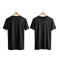 Two black short-sleeved shirts, front and back views, hanging on wooden hangers, black background