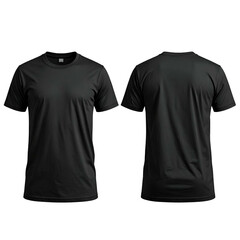 Front and back views of a plain black short-sleeved t-shirt on a dark background (1)