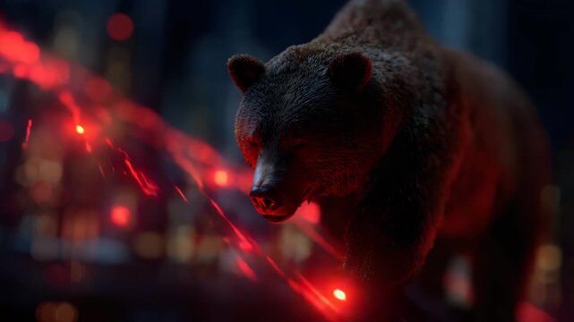 Fierce bear charges forward with glowing red eyes in dark cityscape