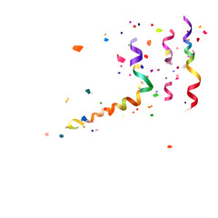 Colorful streamers and confetti burst against a solid black background, festive and joyful