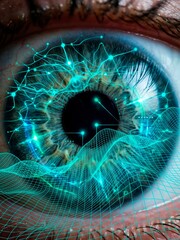 Extreme Macro of Human Eye with Dynamic Cyan Neural Network Overlay