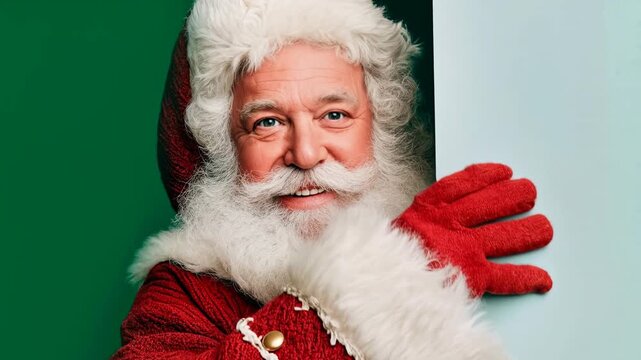 Smiling real santa with white beard waves in front of green and white backdrop wearing classic red suit and gloves creating warm christmas portrait for greetings and seasonal marketing