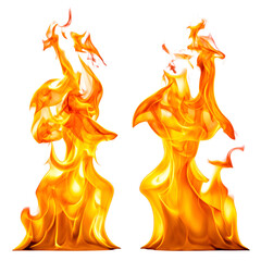 Two stylized, animated flames in shades of orange and yellow against a black backdrop