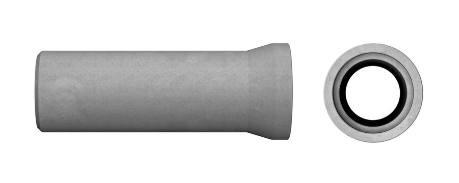 Reinforced Concrete Pipe with Bell End, Side and Front View, Isolated on White (3D Render)