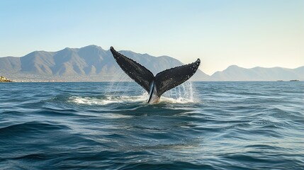 Majestic whale tail rising gracefully from blue ocean with distant rugged mountains
