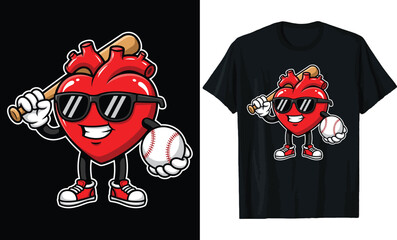 Cool Cartoon Anatomical Heart Baseball Player Valentine Day T Shirt Design