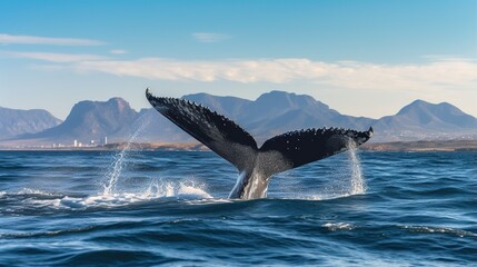 Fototapeta premium Majestic whale's towering tail fluke rising from deep blue ocean against distant rugged mountains