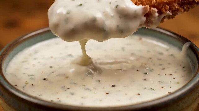 Close-up of a crispy fried chicken strip dipping into a bowl of creamy ranch sauce. Golden breaded tender being dunked and coated in herb dressing. Slow motion food footage