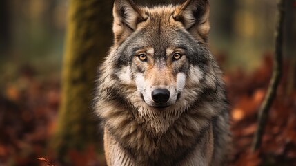 Obraz premium Majestic Woodland Wolf Stares Directly at the Camera Amid Autumn Foliage