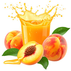 A vibrant splash of peach juice erupts from a glass, surrounded by fresh peaches