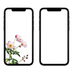 Two black smartphones, one showing floral wallpaper, the other a blank white screen