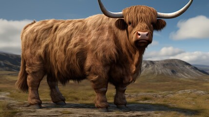 Massive Long-Horned Shaggy Brown Bovine Standing majestically on a grassy alpine plain with distant mountains