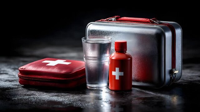First aid kit with water and medicine on dark background