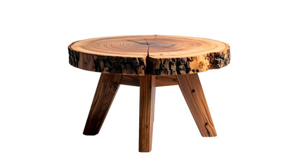 Rustic wooden side table, crafted from a tree slice and supported by three legs, isolated