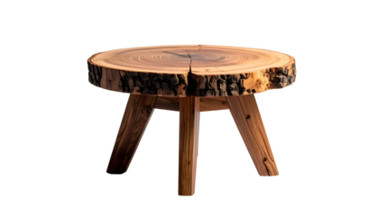 Rustic wooden side table, crafted from a tree slice and supported by three legs, isolated