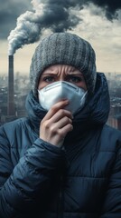 A person in a mask struggling with polluted air. Climate Change Concept