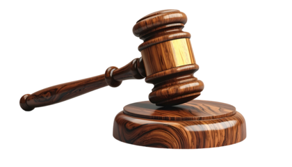 A wooden gavel and sound block, representing justice, law, and legal proceedings