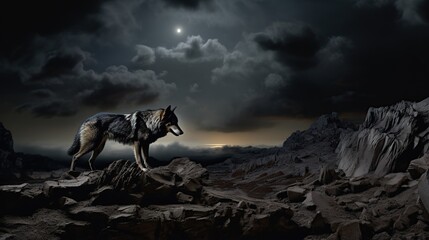 Moonlit Desolate Ridge Scene Featuring a Giant Quadruped Dinosaur Amid Stormy Skies
