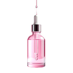 Pink liquid skincare serum with pipette dropper against black. Close-up, shiny glass bottle