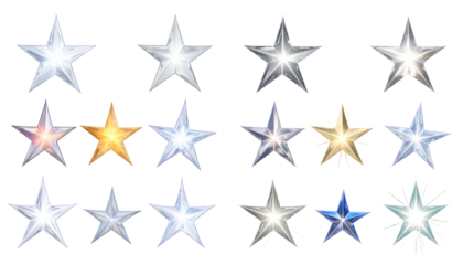 Various star shapes, silver, gold, and other colored metallic, on black background