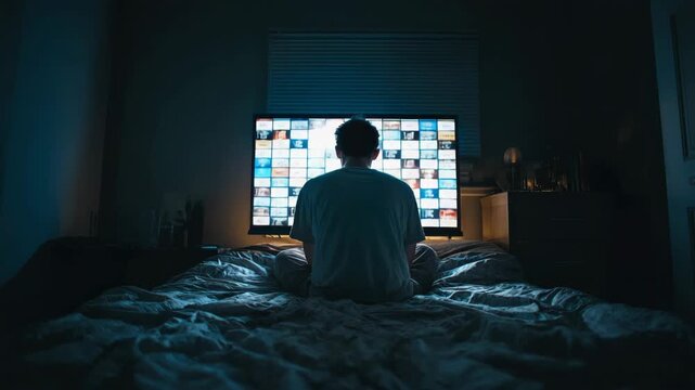 Person Sitting on Bed Watching Bright Television Screens Late at Night