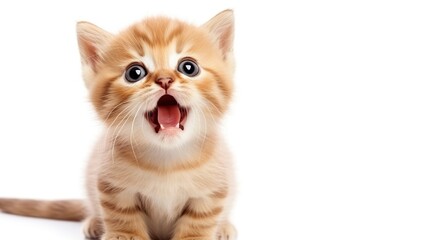Playful Orange Tabby Kitten with Wide Open Mouth on White Background and Bright Curious Expression