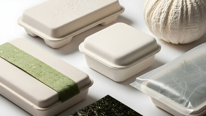 Assortment of ecofriendly biodegradable food containers made from molded pulp and natural materials for sustainable takeout and delivery packaging