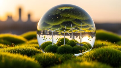 Bola de cristal llena de plantas de energ&iacute;a e&oacute;lica en ambiente verde y energ&iacute;a limpia