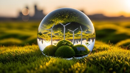Bola de cristal llena de plantas de energ&iacute;a e&oacute;lica en ambiente verde y energ&iacute;a limpia