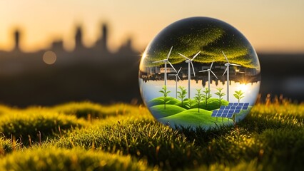 Bola de cristal llena de plantas de energ&iacute;a e&oacute;lica en ambiente verde y energ&iacute;a limpia