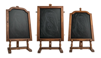 Three wooden chalkboard easels, each with a weathered dark surface