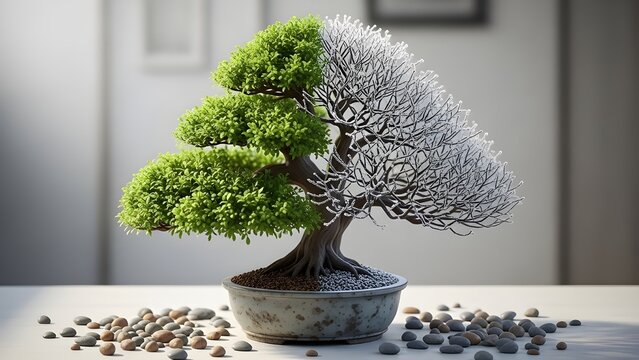 &Aacute;rbol con un lado floreciente con hojas y el otro est&eacute;ril, sobre un fondo blanco para representar la naturaleza c&iacute;clica de la vida y el equilibrio.