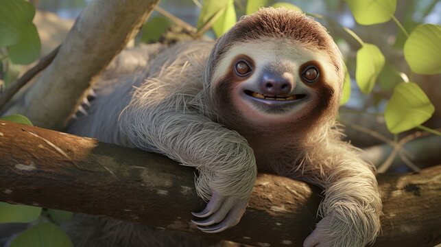 Playful Sloth Relaxing on a Sunlit Branch in Lush Jungle Canopy
